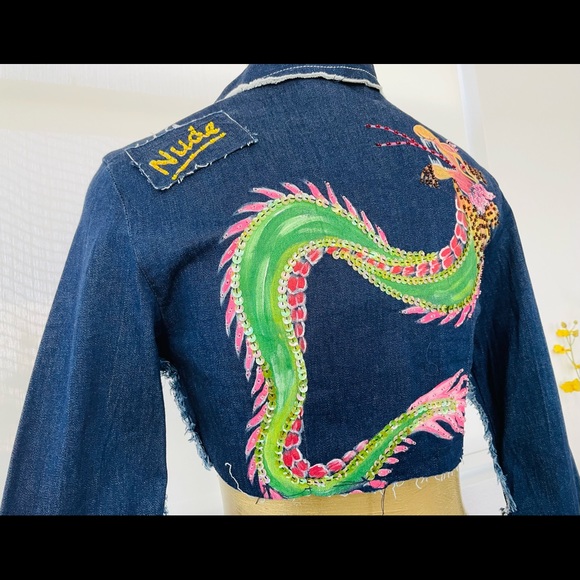 NWT $199 Vintage Y2K NUDE Los Angeles Sequin DRAGON Cropped JEAN JACKET M - Picture 9 of 16